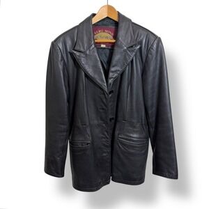 Euro Mond Womens Black Leather Blazer Jacket Single Breasted Button Up